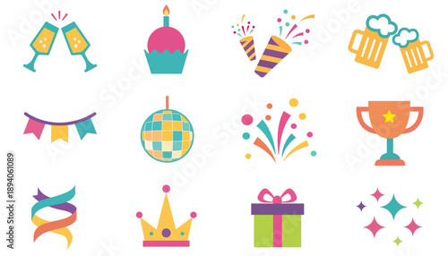 Party and celebration icon set, flat vector symbols for birthday and events