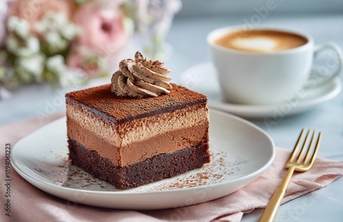 Elegant slice of layered chocolate mousse cake topped with cocoa cream, served on a white plate with a cup of coffee.
