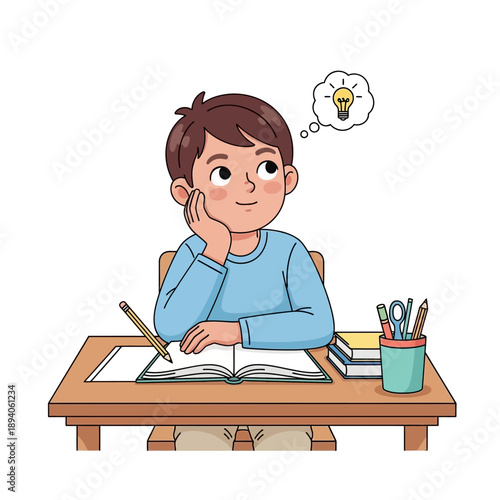 Boy Thinking at Desk with Lightbulb Idea Symbol