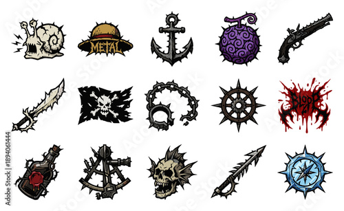 Grungy Woodcut Nautical Adventure Asset Sheet for Dark Fantasy Pirate Gaming and Heavy Metal Graphics