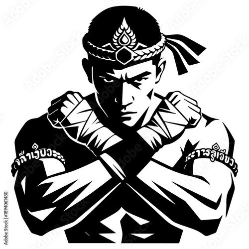 A vector logo depicting a stylized Muay Thai fighter in a traditional fighting stance on a white isolated background_03.