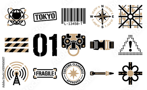 Industrial Cyberpunk Logistics Graphic Element Kit for Tactical Urbanism and Techwear Apparel Design