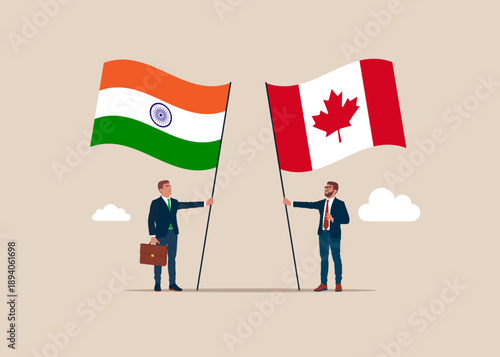 Bilateral political relations. Two flags of friendship. Businessmen united between India and its friendly countries Canada. Flat vector illustration.