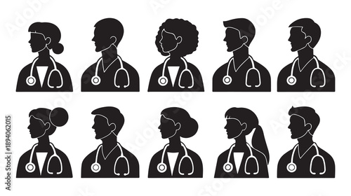 Doctor Silhouette Icon Pack – 8 Exclusive Black Vector Designs Art & Illustration