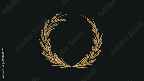 Elegant golden wheat wreath symbol of agriculture and harvest on a dark charcoal background for premium food and organic product logos.
