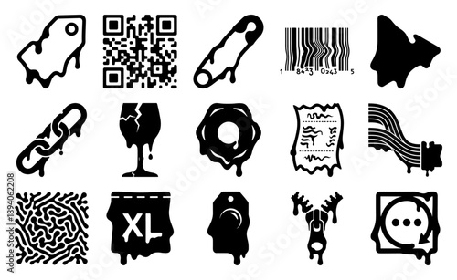 Melting Glitch Aesthetic Fashion Retail Icon Element Kit for Streetwear Branding and Cyberpunk Apparel Design