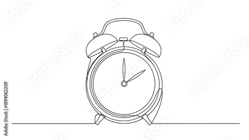 Minimalist continuous line drawing of a classic twin bell alarm clock for time management morning routine and scheduling themes.