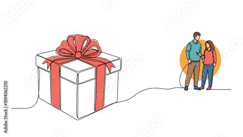 Continuous line drawing of a large gift box with a couple standing together in the background for celebration and surprise concepts.
