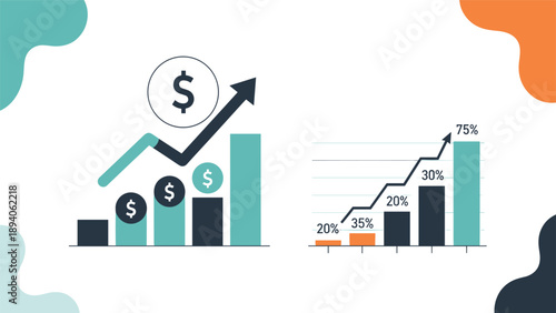 Financial growth infographic with bar charts upward arrows and dollar sign symbols for business success and investment analysis themes.