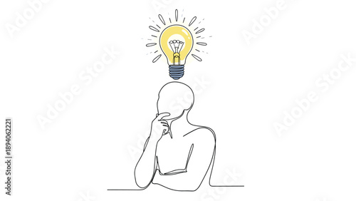 Continuous line drawing of a person thinking with a bright glowing lightbulb above their head for creative idea and innovation concepts.