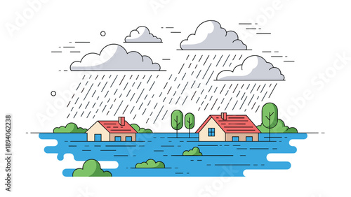 Illustration of houses in a flooded suburban neighborhood under heavy rain and dark storm clouds during a natural disaster crisis.