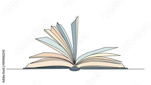 Elegant continuous line drawing of an open book with several pages fluttering in the wind against a clean white background.