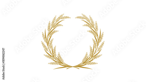 Golden wheat wreath emblem representing success agriculture and natural products on a white background for organic branding design.