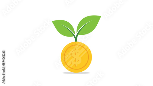 Creative concept of financial growth featuring a bright gold dollar coin with a vibrant green plant sprouting from the top.