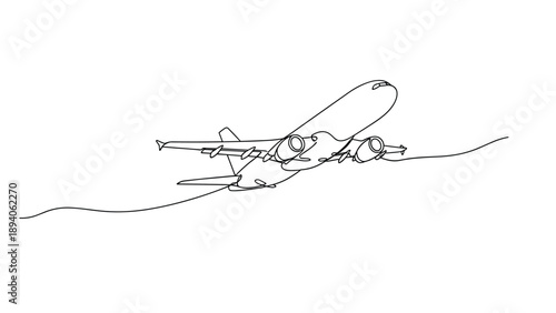 Artistic continuous line drawing of a large commercial airplane soaring through the air during flight against a clean white background.