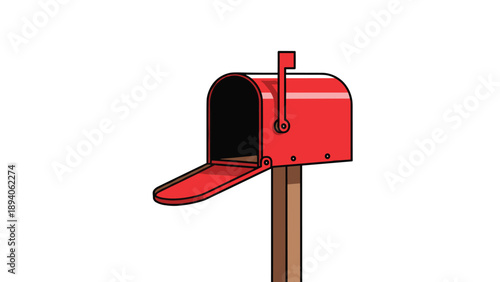 Traditional red mailbox mounted on a wooden post with its door open and the signal flag raised against a plain white background.