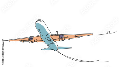Detailed continuous line drawing of a large aircraft seen from below with wings spread wide against a stark white background.