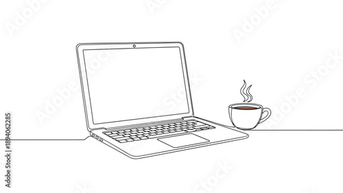 Continuous line drawing of an open laptop computer next to a steaming cup of hot coffee on a simple horizontal line surface.