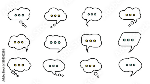 Collection of twelve different hand-drawn speech and thought bubbles featuring ellipsis points in various shapes and styles.