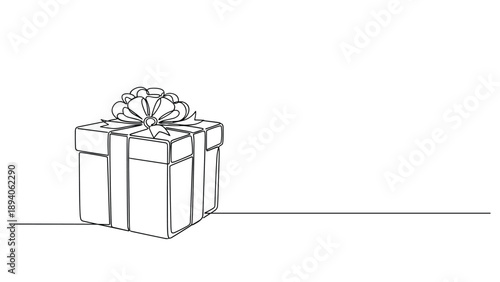 Elegant continuous line drawing of a square gift box wrapped with a large decorative ribbon bow against a clean white background.