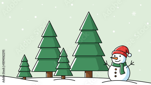 Charming winter scene with a cheerful snowman wearing a hat and scarf next to evergreen trees during a gentle snowfall.