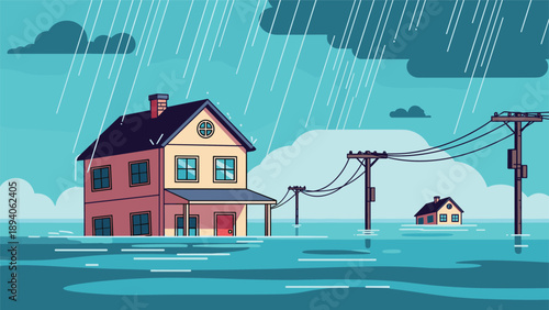 Pixel art scene captures a suburban neighborhood during a severe flood with houses partially submerged in rising water.