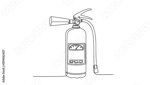 Minimalist continuous line art features a professional fire extinguisher used for emergency safety and fire prevention.