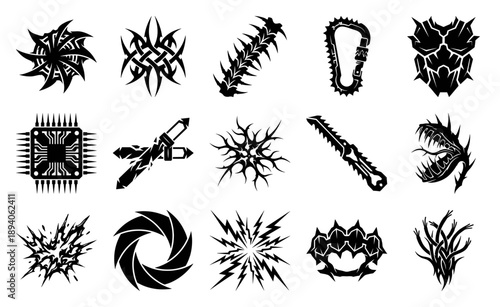 Aggressive Tribal Cyberpunk Silhouette Element Kit for Dystopian Gaming and Harsh Industrial Branding