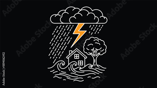 Minimalist line art of a house tree and ocean waves during a lightning storm on a black background representing extreme weather hazards.