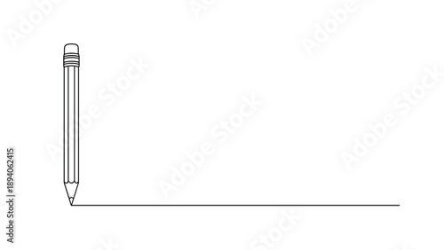 Simple continuous line drawing of a vertical pencil pointing down towards a horizontal line for education and creative writing concepts.
