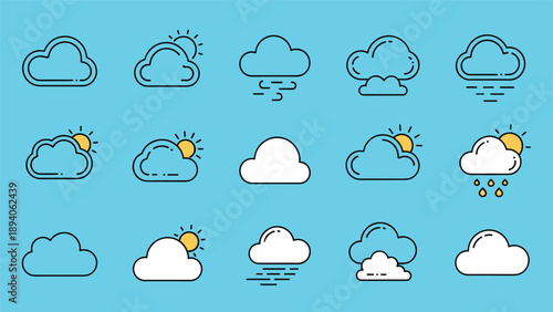 Comprehensive set of weather icons featuring sun clouds rain fog and snow on a blue background for mobile app and website forecasting.