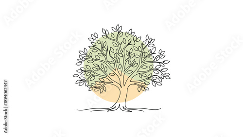 Continuous line drawing of a leafy tree with a green and orange circular background element representing nature and environmental growth.