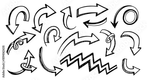 Collection of Hand Drawn Arrows in Various Styles and Directions.