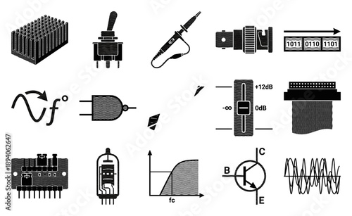 Vintage Engraving Style Electronic Engineering Element Kit for Analog and Digital Circuitry Design
