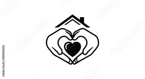 Minimalist house icon with integrated heart symbol in elegant black line drawing style for love and home themes