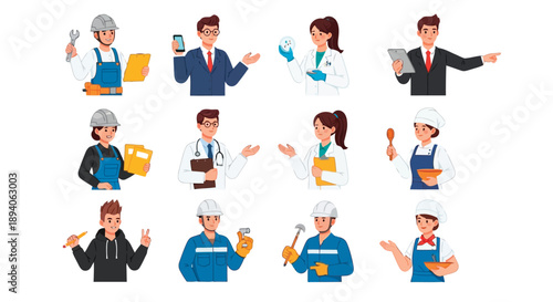 Diverse group of illustrated professionals in various occupations including engineering, medicine, business, and culinary arts