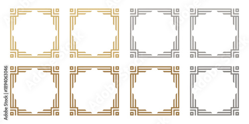 Elegant square, frames with metallic finish and intricate corner decorations, ideal for design projects, borders, wedding invitations, greeting cards, and decorative artwork.