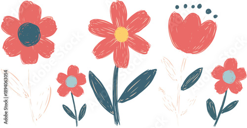 Colorful illustration of five red flowers with green stems and leaves on white background