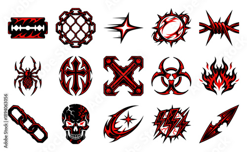 Aggressive Y2K Cybercore Dark Graphic Element Kit for Streetwear Apparel and Edgy Branding Designs