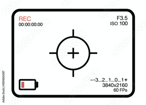 Video camera, UI overlay showing focus crosshairs, battery indicator, and recording timer, ideal for interface design, instructional visuals, streaming graphics, and media production.