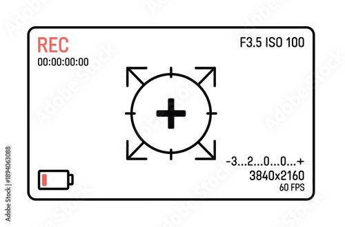 Video camera recording, interface with focus crosshairs, battery status, and recording timer, perfect for photography, filmmaking, broadcasting, and digital interface design projects.