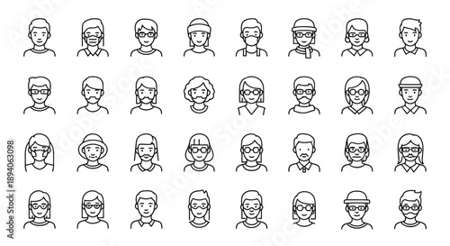 Collection of minimalist vector icons featuring diverse human faces with different hairstyles and expressions for design projects