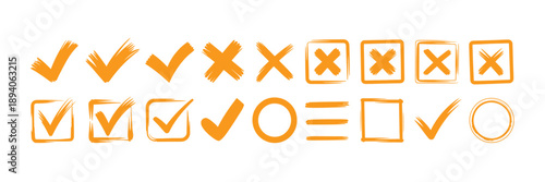 Versatile hand-drawn, graphic symbols, for selection, validation, and error indication, ideal for conceptual design projects, interactive interfaces, user experience design, and digital applications.