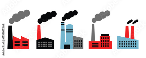 Stylized industrial factory, illustrations with smoke emissions, representing manufacturing processes, environmental impact, and pollution awareness for design, infographics, and educational content.