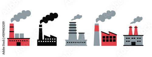 Stylized factory icons, emitting smoke, symbolizing industrial processes, energy production, and their environmental footprint, perfect for sustainability, ecology, and educational projects.