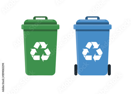 Two color-coded, recycling bins, featuring universal reuse icons, ideal for environmental awareness campaigns, waste separation, sustainability projects, and promoting eco-friendly living.