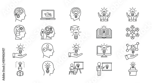 Creative concept illustrations of human minds generating innovative ideas and problem-solving with education and technology elements