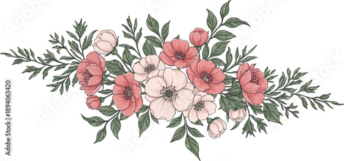 Beautiful bouquet of pink flowers and greenery on white background