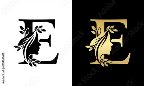 Elegant Letter E Logo with Woman Face and Botanical Elements.