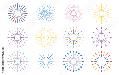 Colorful sunburst and firework exploding design elements for celebration and festive decorations, perfect for holidays, parties, events, and vibrant graphic design projects.